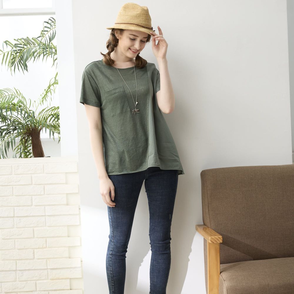 PIPPY不對稱剪接棉質上衣 墨綠