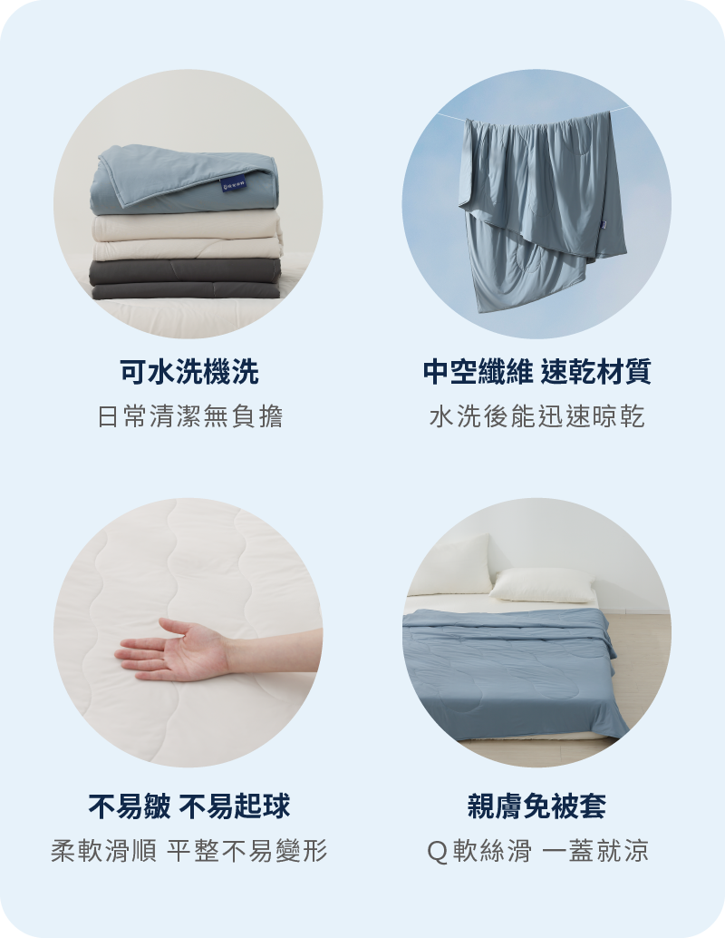涼被可水洗機洗、洗後能迅速晾乾，不易起皺、起球，十分親膚