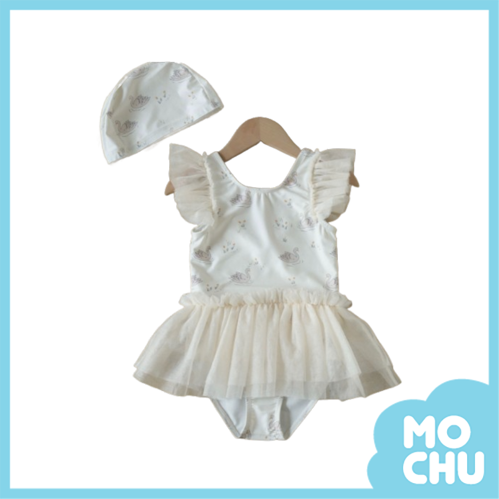 滿印天鵝紗紗網連身泳衣