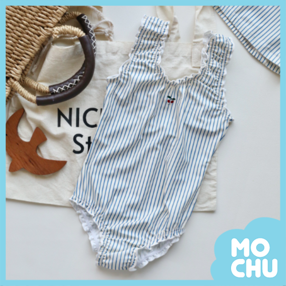 小櫻桃條紋木耳邊泳衣(二色)