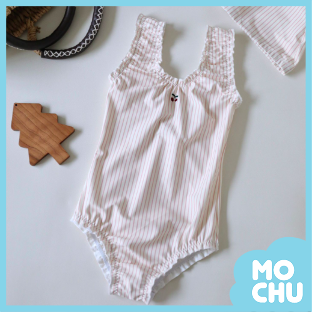 小櫻桃條紋木耳邊泳衣(二色)