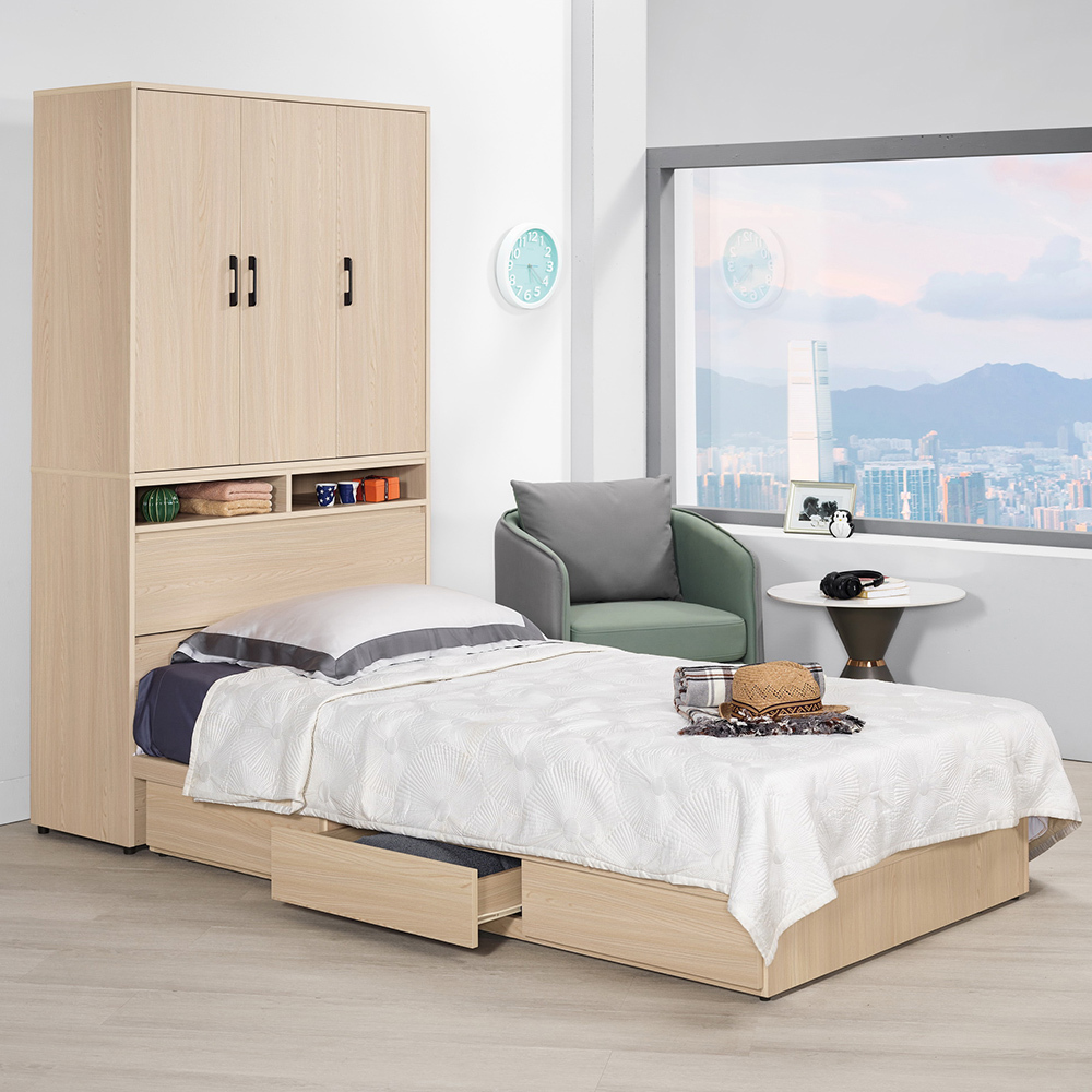 恩洛3.5尺單人加寬衣櫃型抽屜床組(加高衣櫃收納型床頭箱+單邊三抽床底-不含床墊-兩色可選)