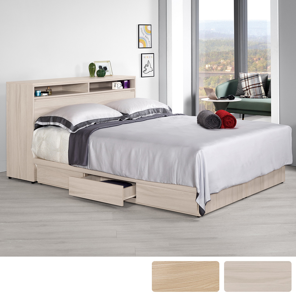 恩洛5尺雙人加深型抽屜床組(加深收納型床頭箱+單邊三抽床底-不含床墊-兩色可選)