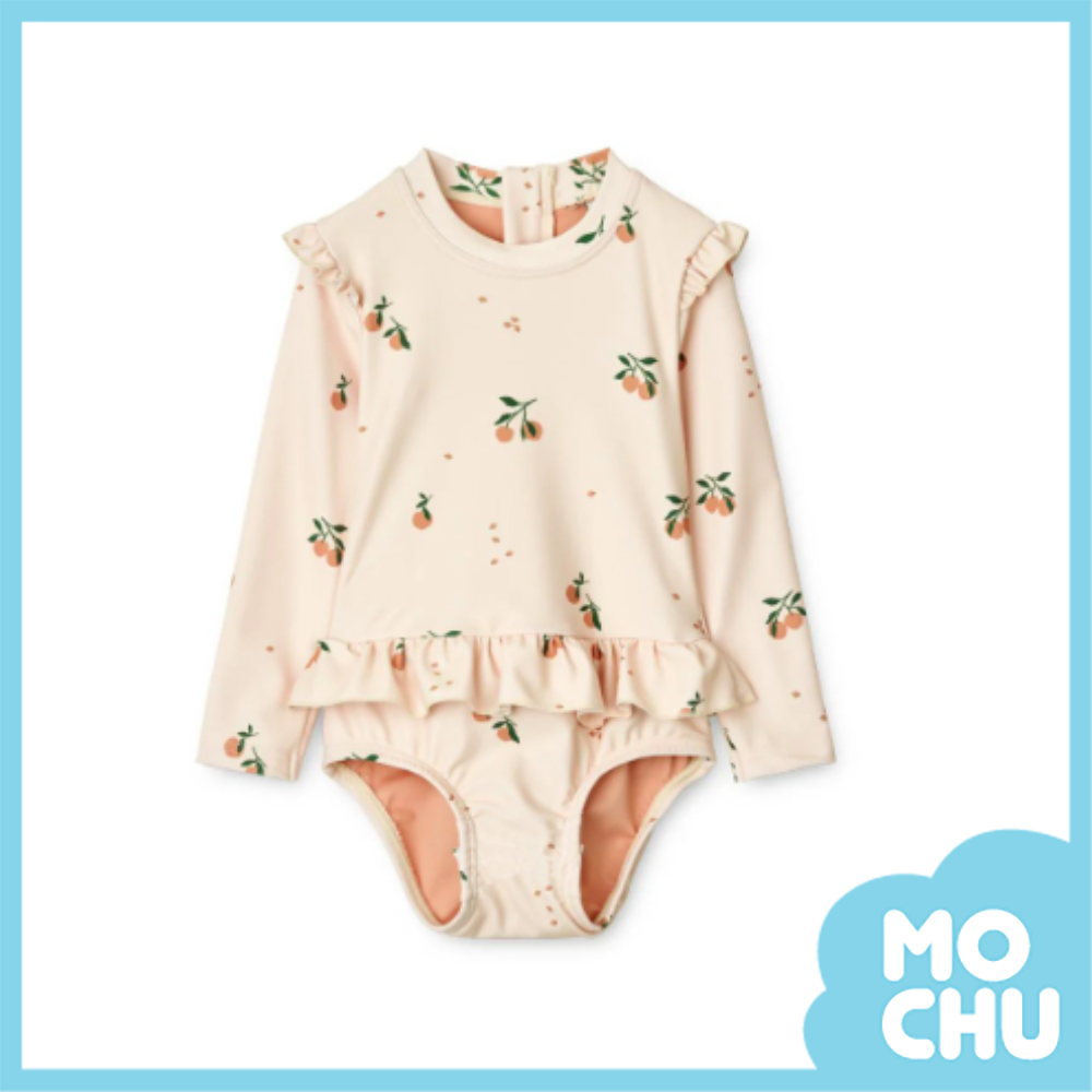 粉果實花邊長袖連身泳裝