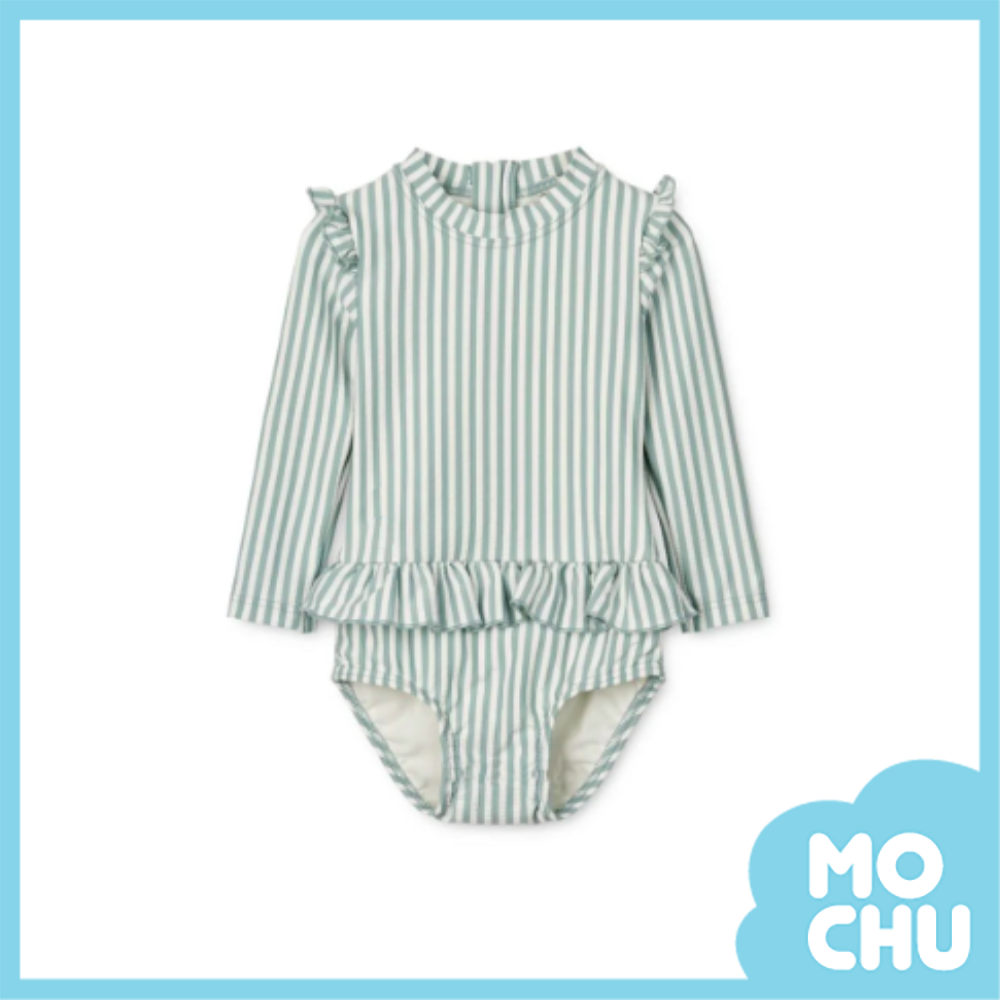 綠條紋花邊長袖連身泳裝