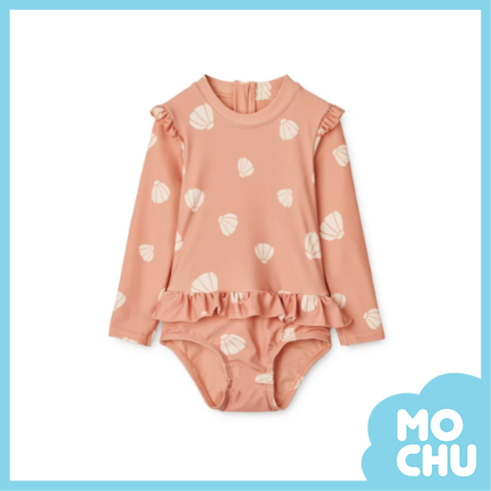 粉貝殼花邊長袖連身泳裝