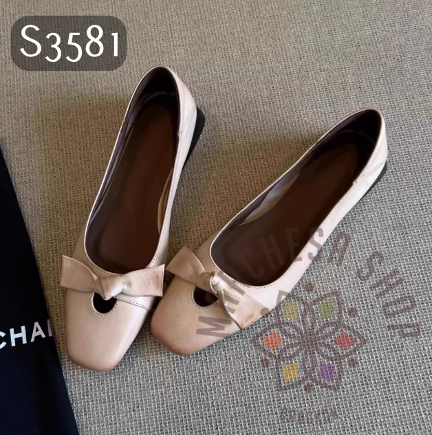 S3581 - 頭層水磨羊皮中空蝴蝶結低踭鞋