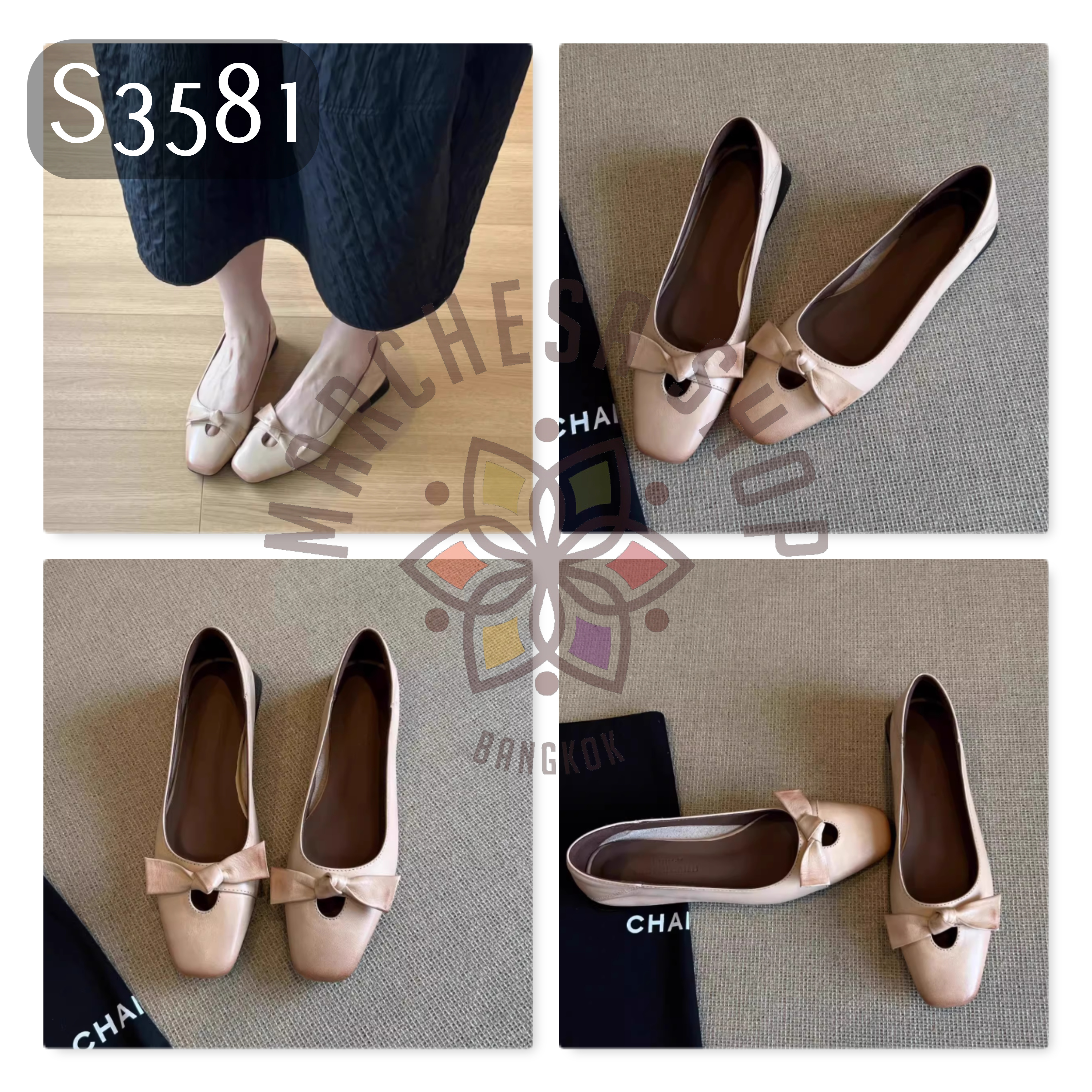 S3581 - 頭層水磨羊皮中空蝴蝶結低踭鞋