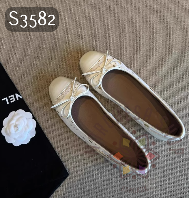 S3582 - 頭層羊皮拼接金箔蝴蝶結圓頭低踭鞋