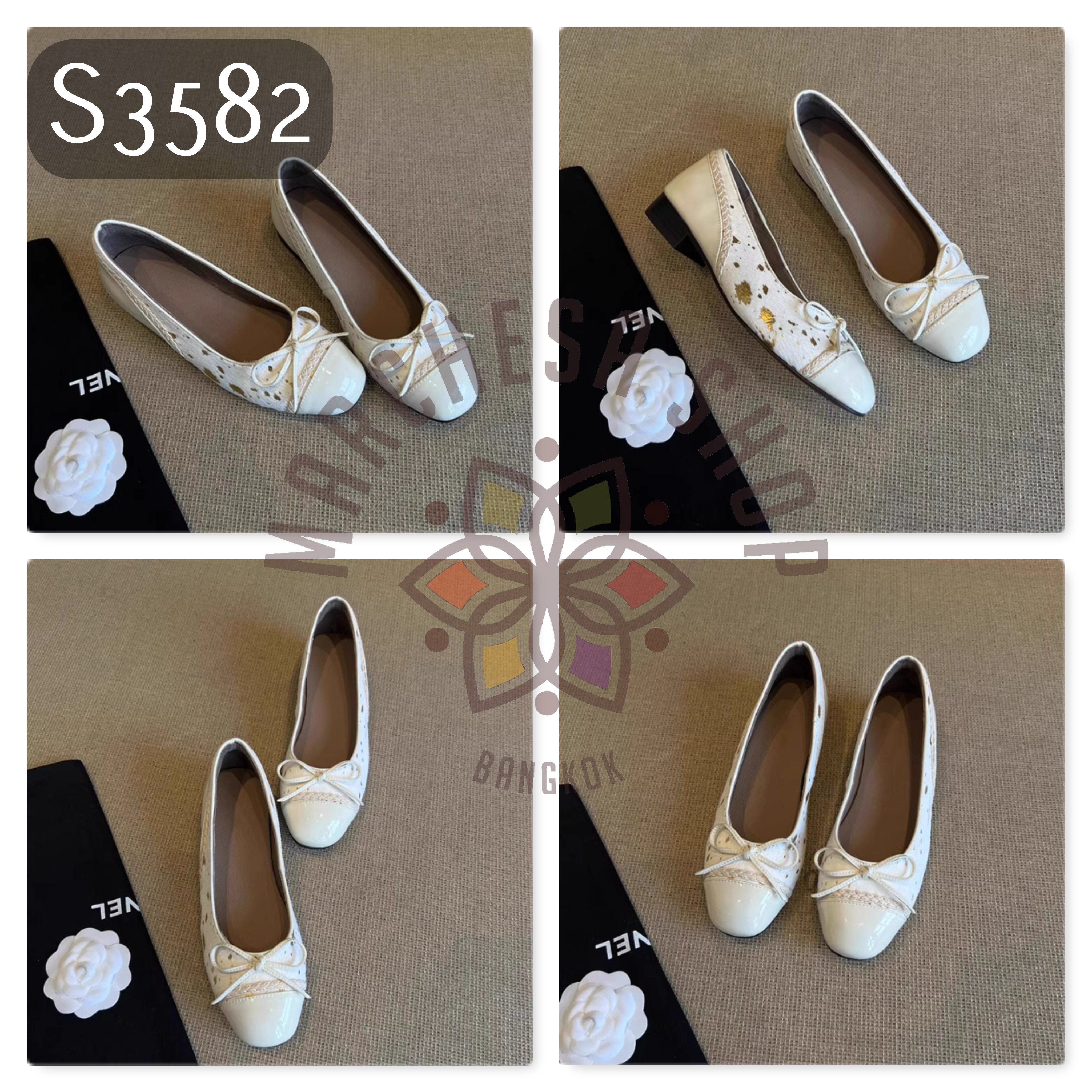 S3582 - 頭層羊皮拼接金箔蝴蝶結圓頭低踭鞋