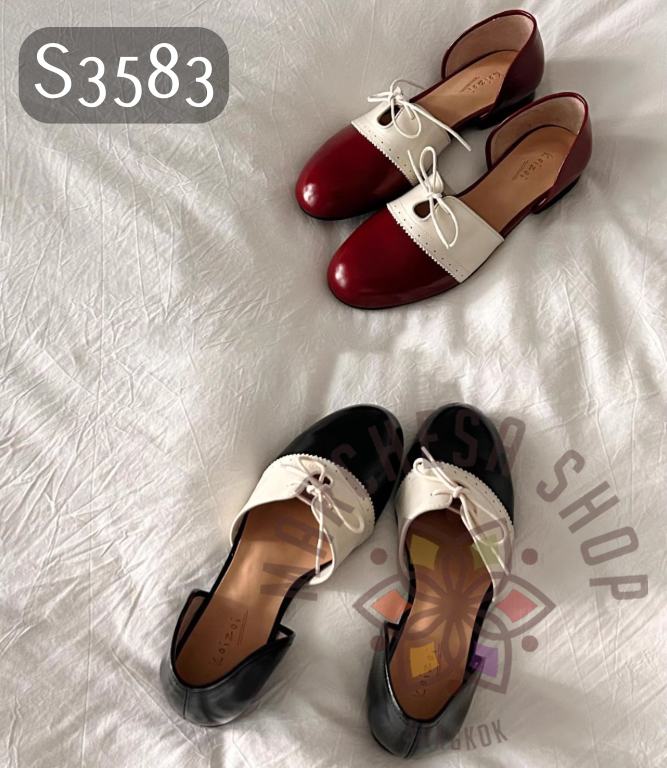 S3583 - 頭層羊皮拼接英倫側空圓頭平底鞋
