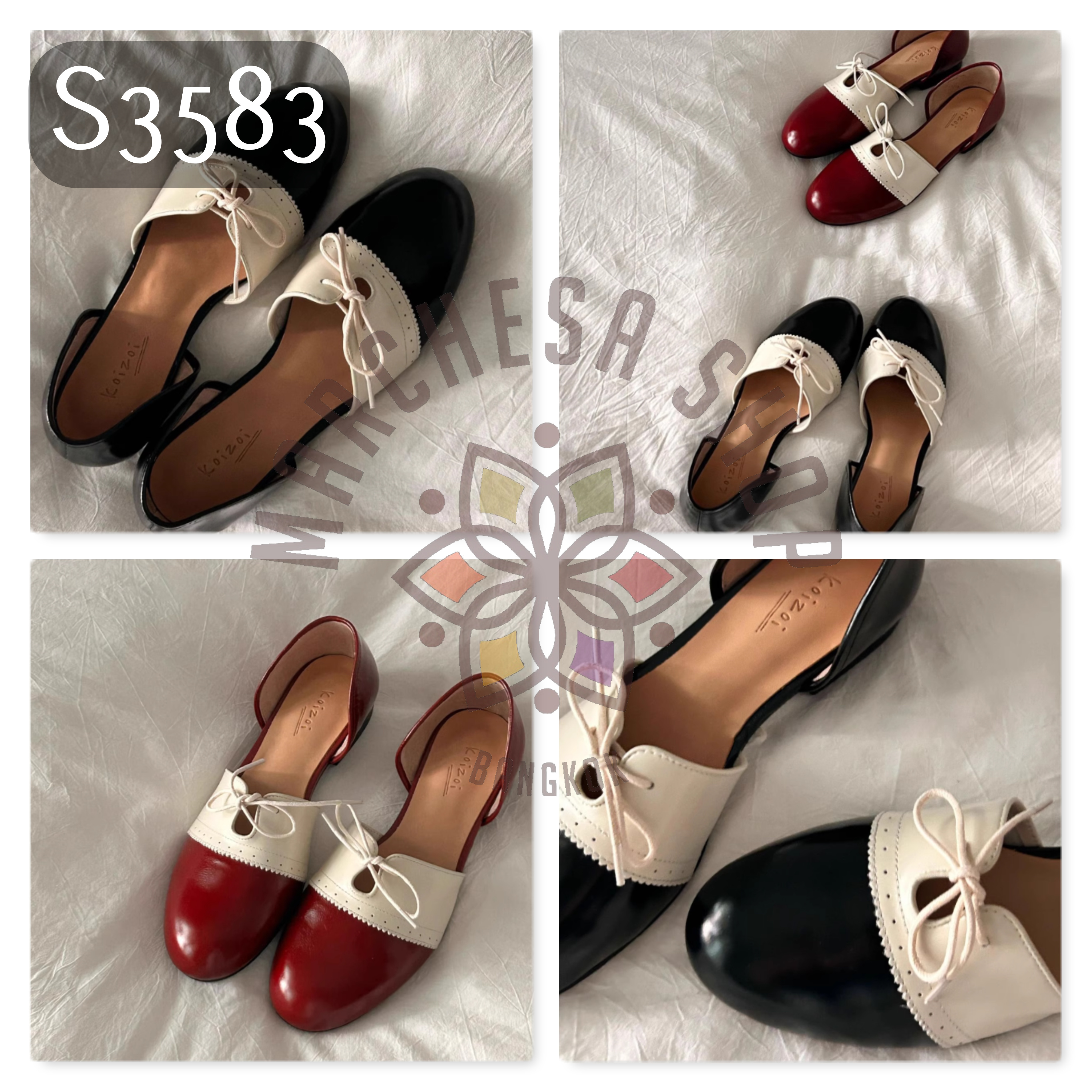 S3583 - 頭層羊皮拼接英倫側空圓頭平底鞋