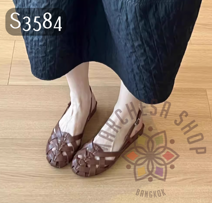 S3584 - 頭層羊皮編織圓頭平底涼鞋