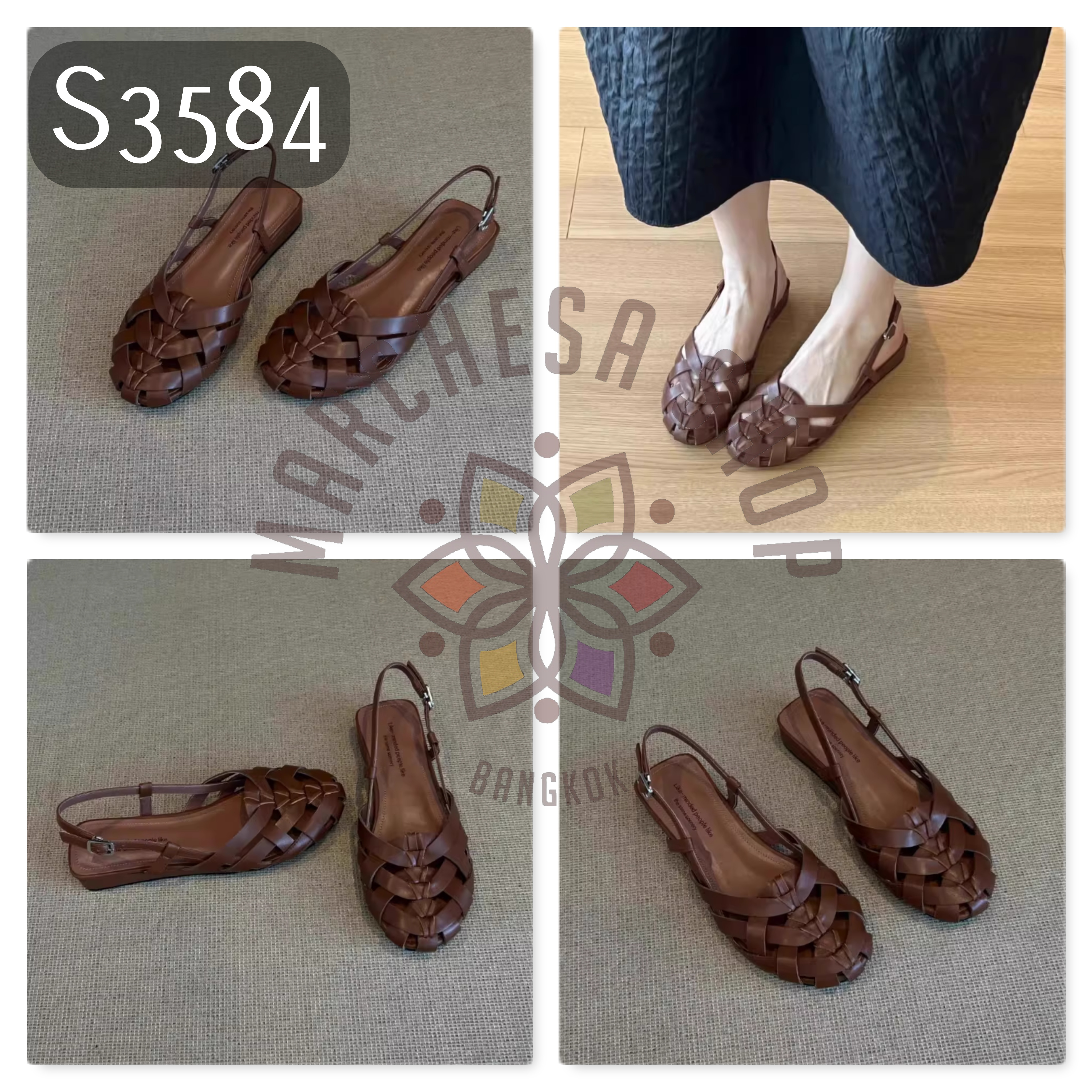 S3584 - 頭層羊皮編織圓頭平底涼鞋