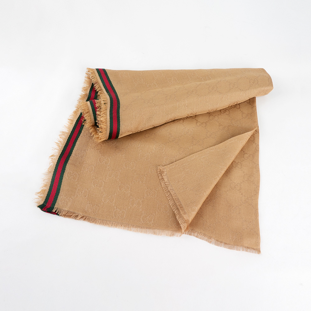 【GUCCI】標誌綠紅條紋絲質混棉寬版圍巾/披肩(沙色)