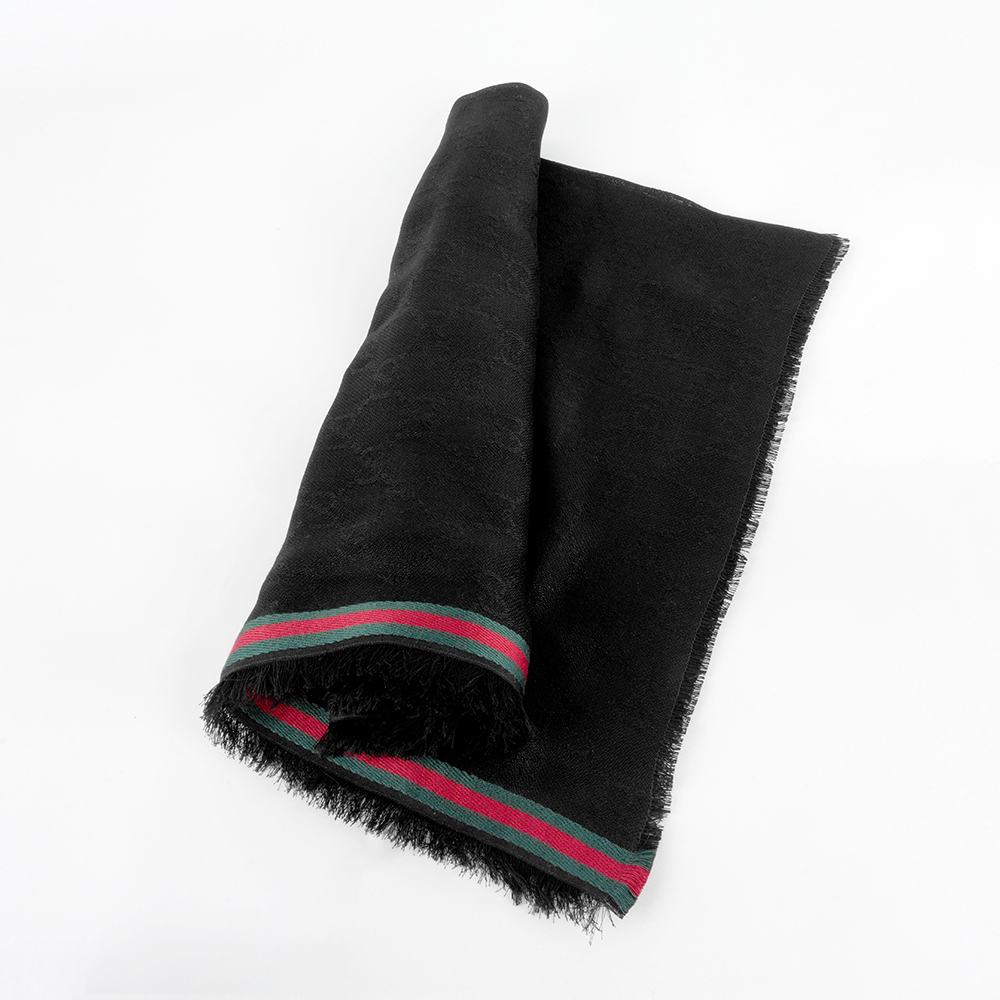 【GUCCI】標誌綠紅條紋絲質混棉寬版圍巾/披肩(黑色)