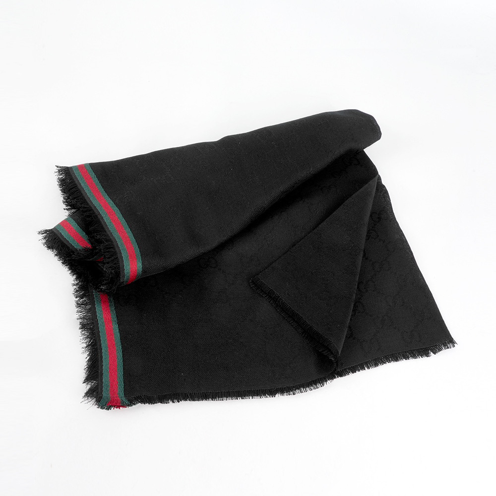 【GUCCI】標誌綠紅條紋絲質混棉寬版圍巾/披肩(黑色)
