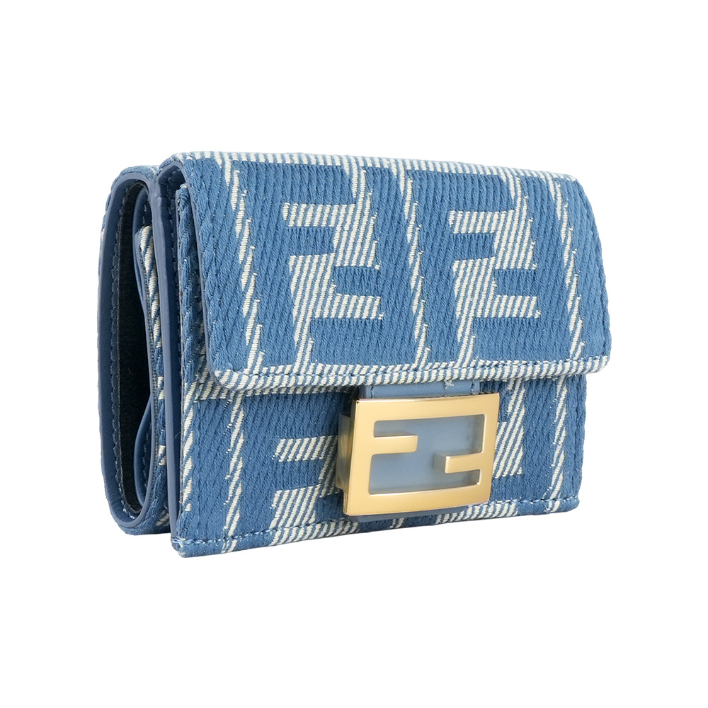【Fendi】Baguette FF Logo 牛仔緹花布三折短夾(藍色)(Micro)
