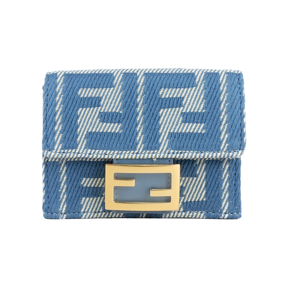 【Fendi】Baguette FF Logo 牛仔緹花布三折短夾(藍色)(Micro)