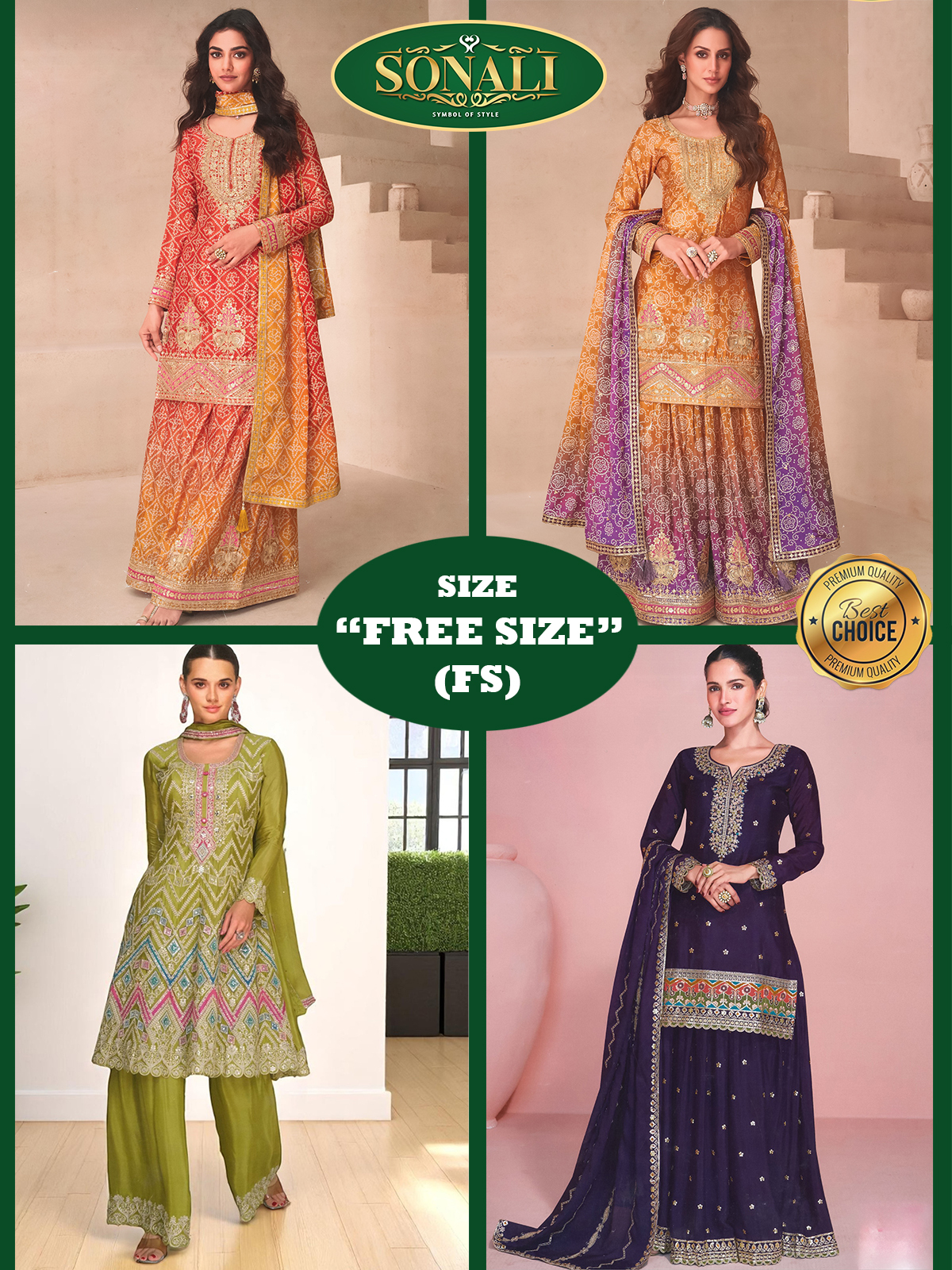 Sonali's Premier Quality Designer Chinon Silk Readymade Suits Free Size - LSK439