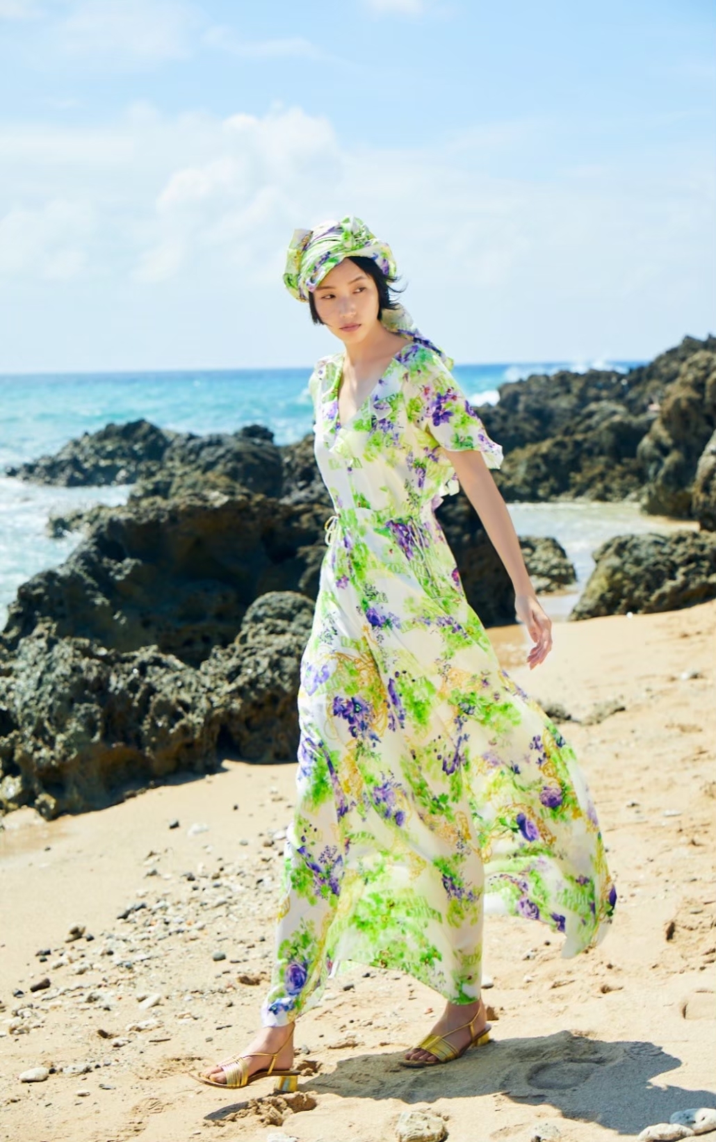 BC1EB053E1 浪漫農夫紫花logo大V領連衣長洋