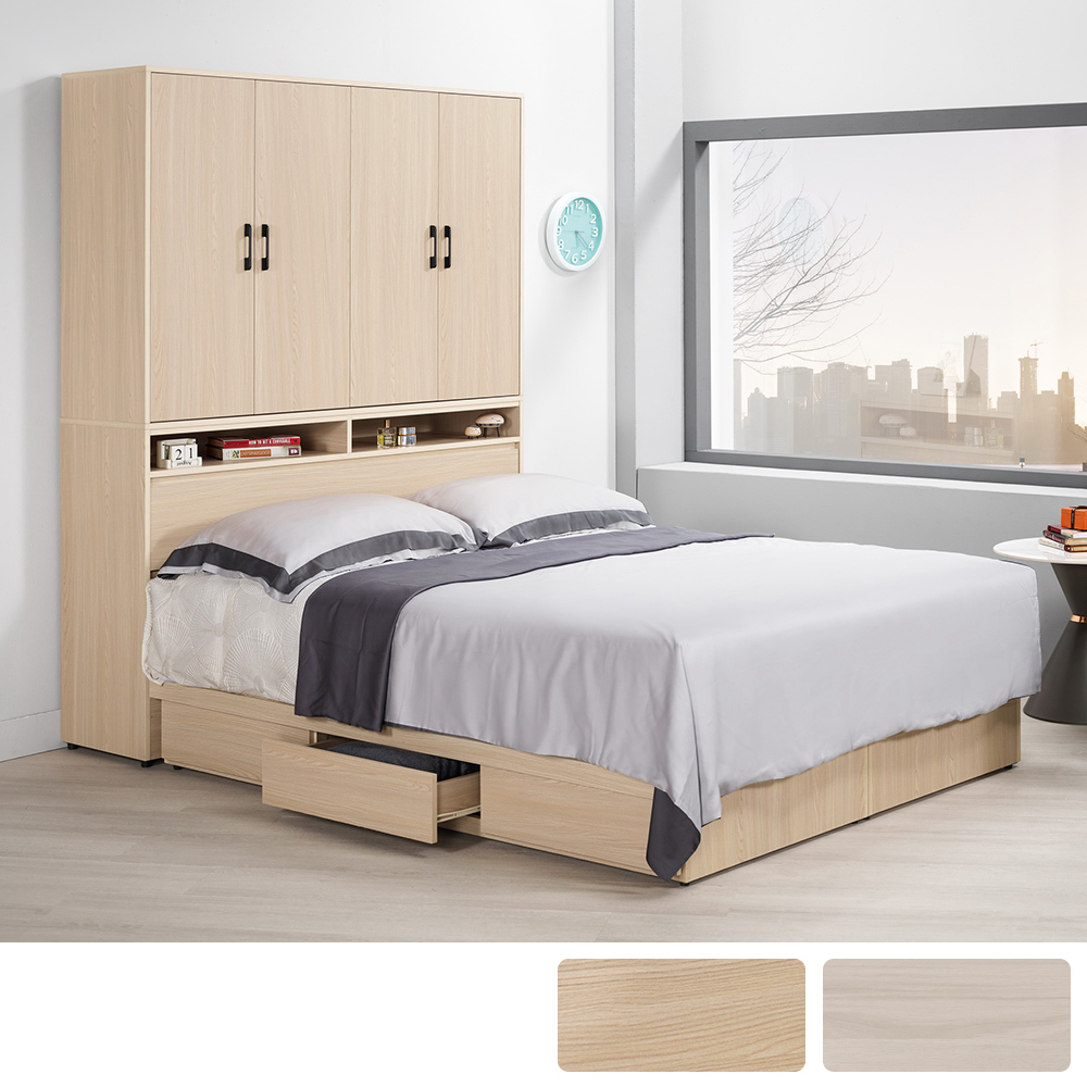 恩洛5尺雙人加寬衣櫃型抽屜床組(加高衣櫃收納型床頭箱+單邊三抽床底-不含床墊-兩色可選)