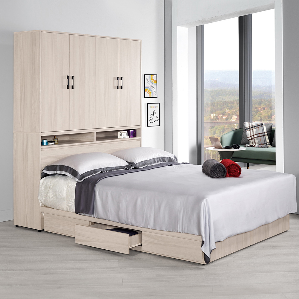 恩洛5尺雙人加寬衣櫃型抽屜床組(加高衣櫃收納型床頭箱+單邊三抽床底-不含床墊-兩色可選)