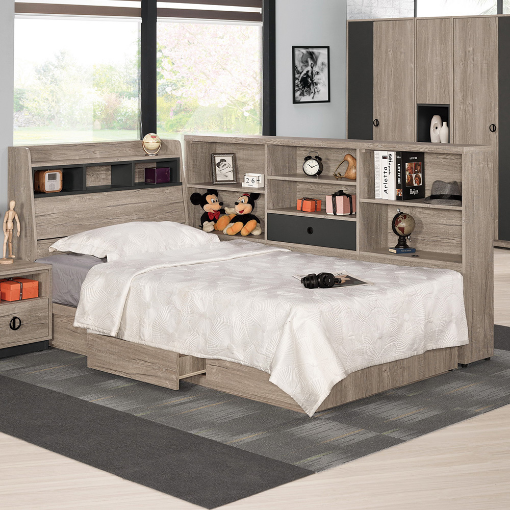 休斯3.5尺工業風多功能單人抽屜床房間組-三件組(床頭箱+三抽收納床底+收納床邊櫃-不含床墊)