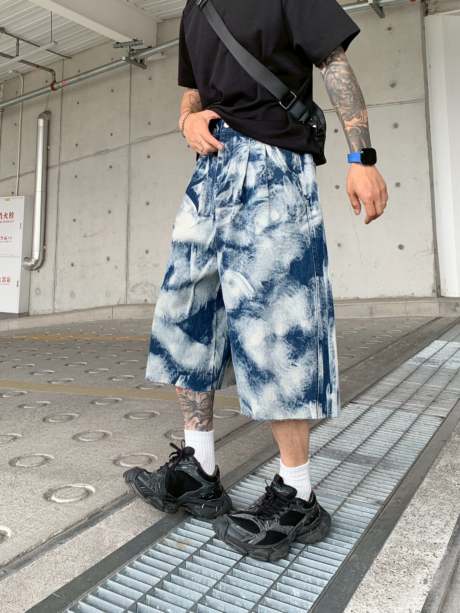 XCTRL 紮染七分牛仔短褲-藍