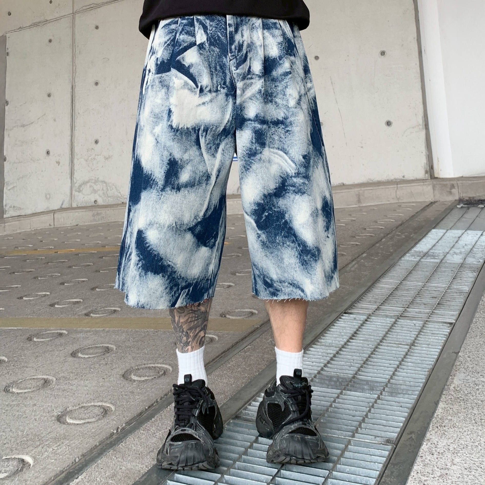 XCTRL 紮染七分牛仔短褲-藍