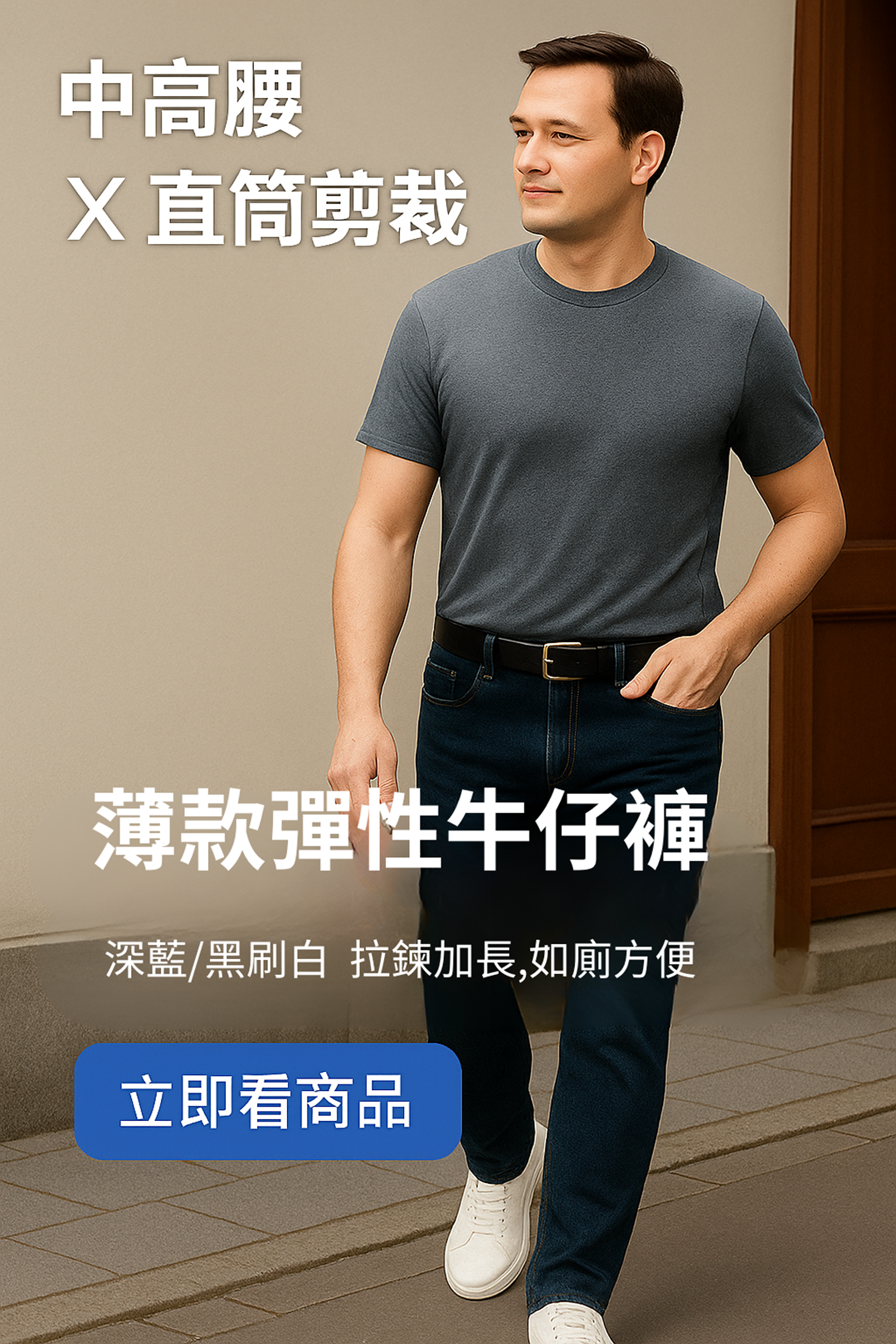 薄款彈性中高腰直筒牛仔褲