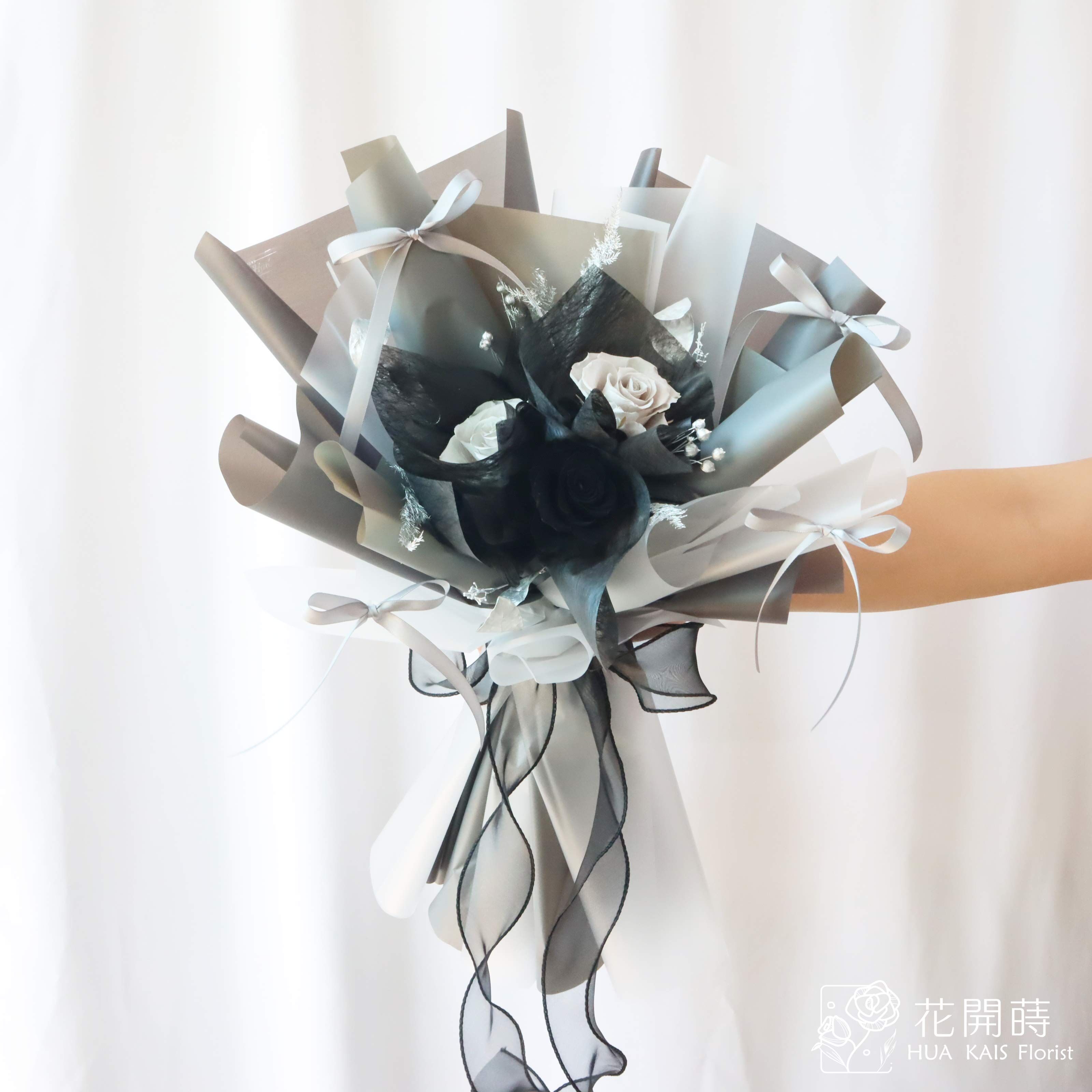 永生花束|灰影誘惑L號永生玫瑰花束|告白花束|情人節花束|求婚花束|永生花|ins緞帶風|韓系花束