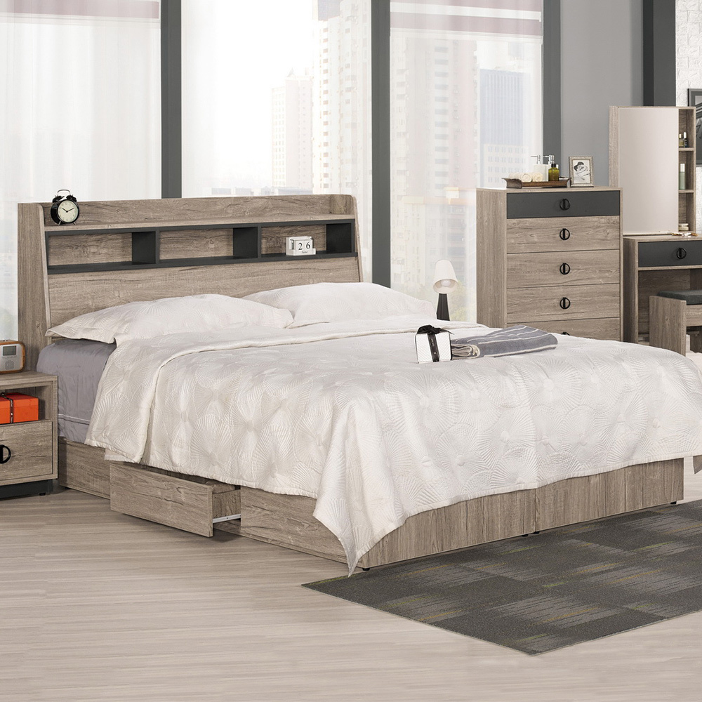 休斯5尺工業風雙人抽屜床組(床頭箱+三抽收納床底-不含床墊)