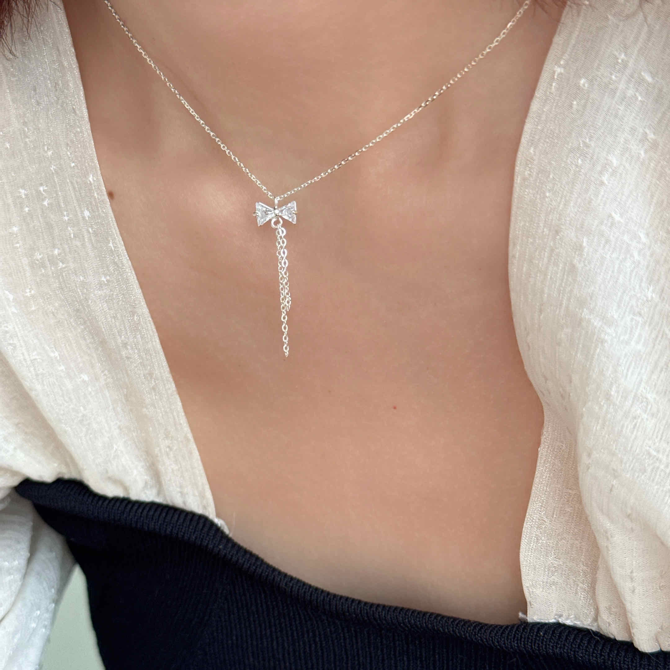 🇰🇷925 silver 滿鑽蝴蝶結垂墜項鍊｜2 color
