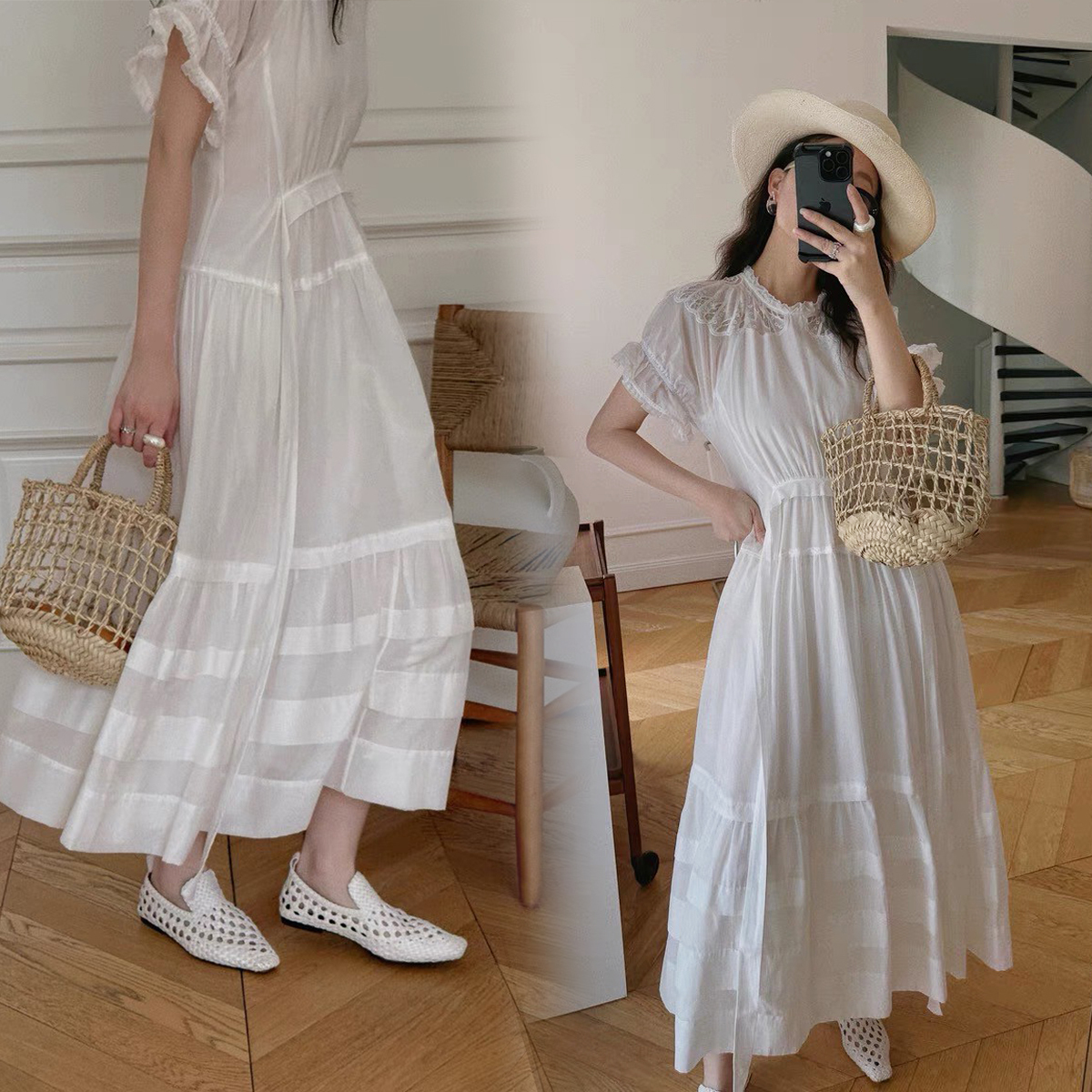 雲朵白宮廷風拼接蕾絲收腰傘擺長洋裝S-XL (Elegant & Love)