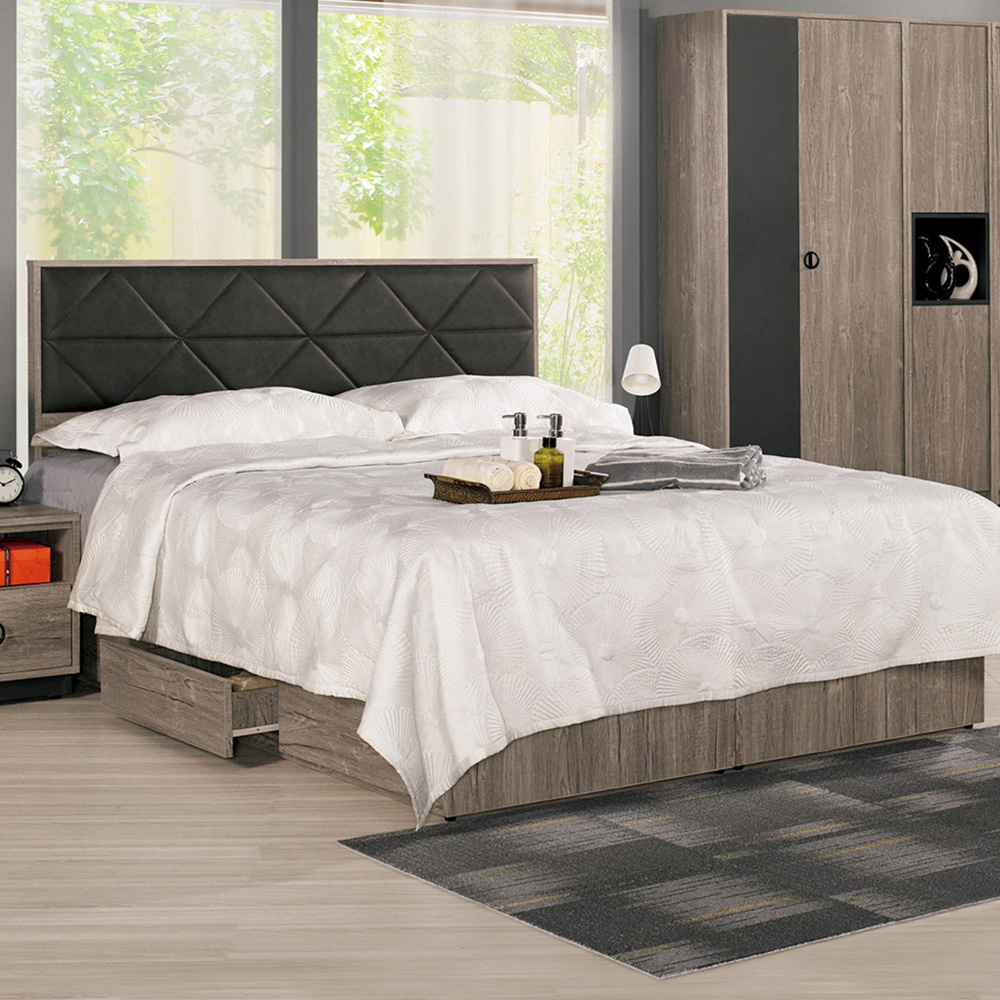 休斯5尺工業風雙人抽屜床組(皮革床頭片+三抽收納床底-不含床墊)