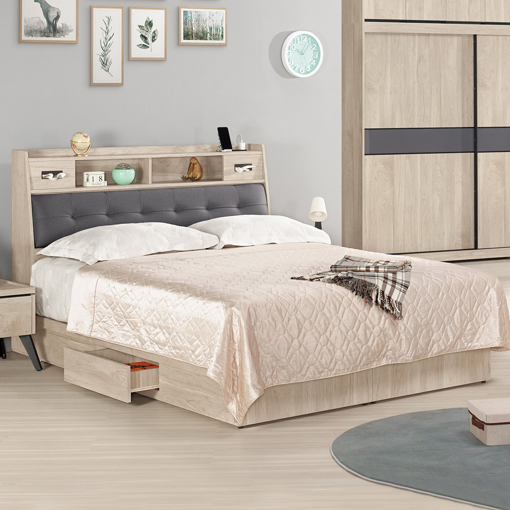 奧拉5尺雙人抽屜床組(附插座床頭箱+三抽收納床底-不含床墊)