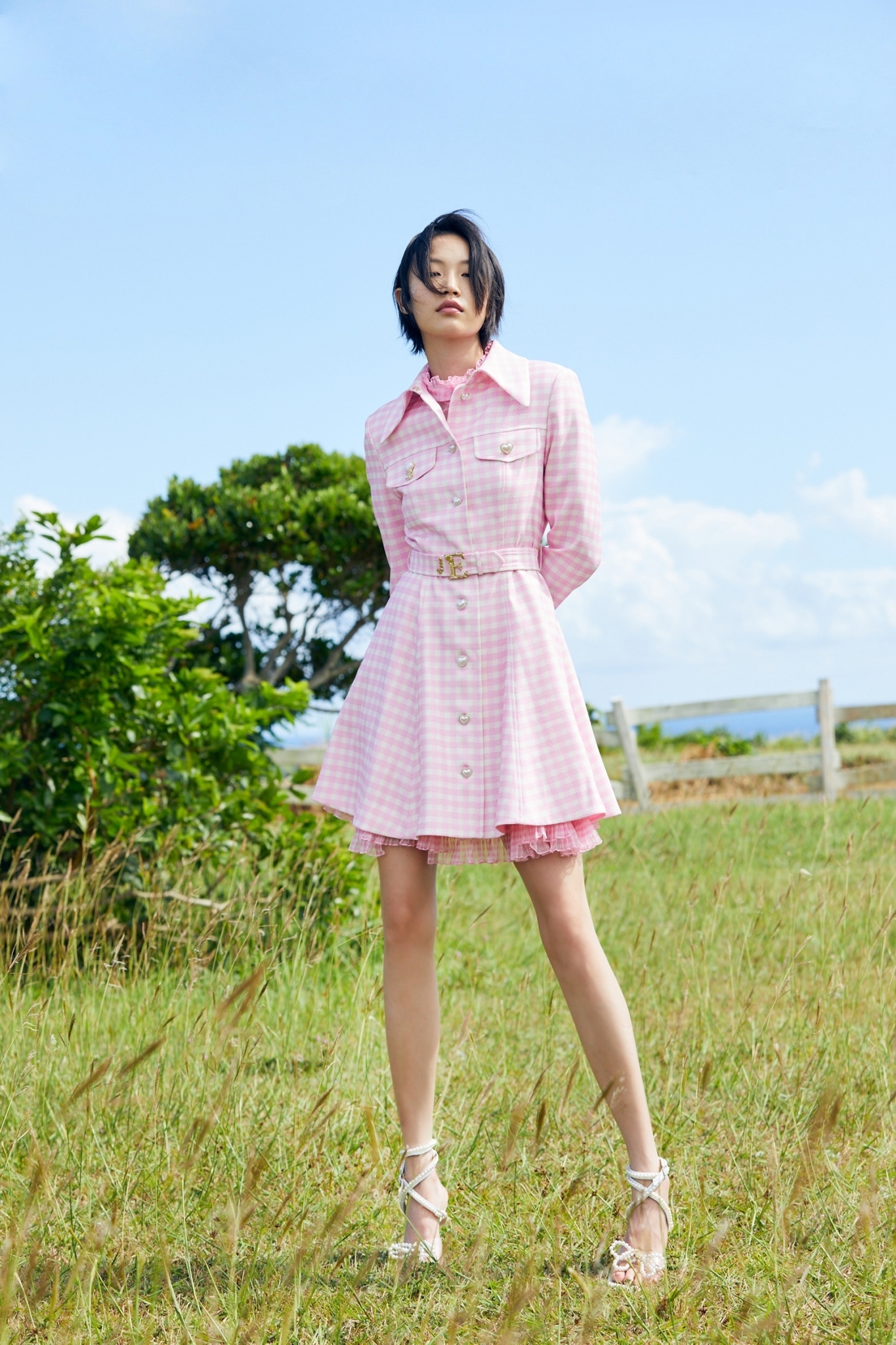 BC1PA002D1 法國玫瑰維希格紋印花風衣式連衣裙洋 (附本布腰帶)