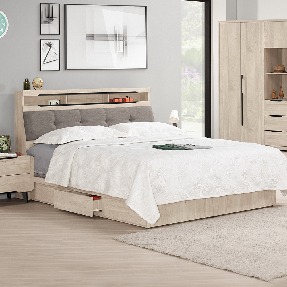 波恩6尺雙人加大抽屜床組(床頭箱+三抽收納床底-不含床墊)