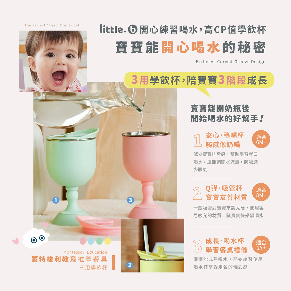 【little.b】三用學飲杯1入｜316雙層不鏽鋼系列｜學習餐具｜多種顏色