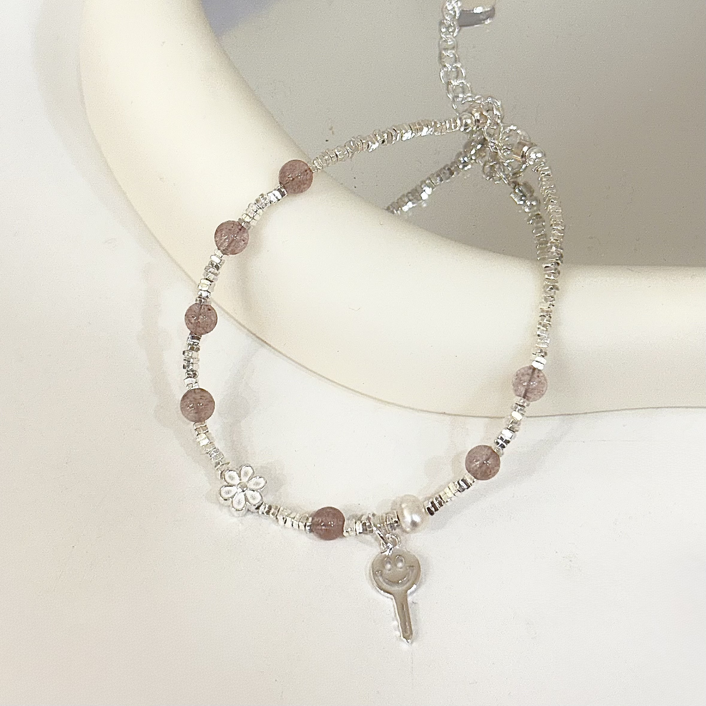 C301碎銀水晶珍珠鑰匙純銀手鍊