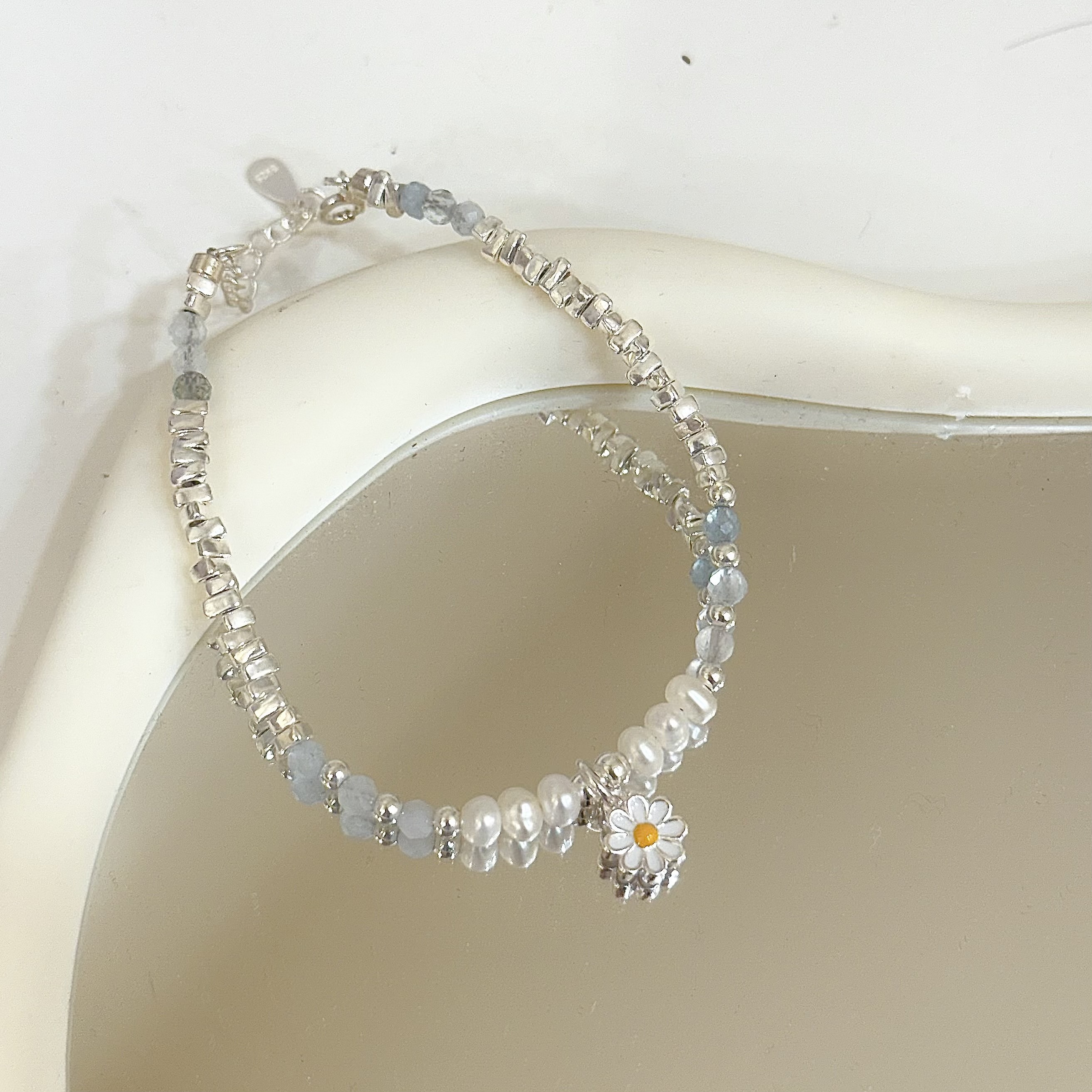 C302碎銀珍珠雛菊水晶純銀手鍊