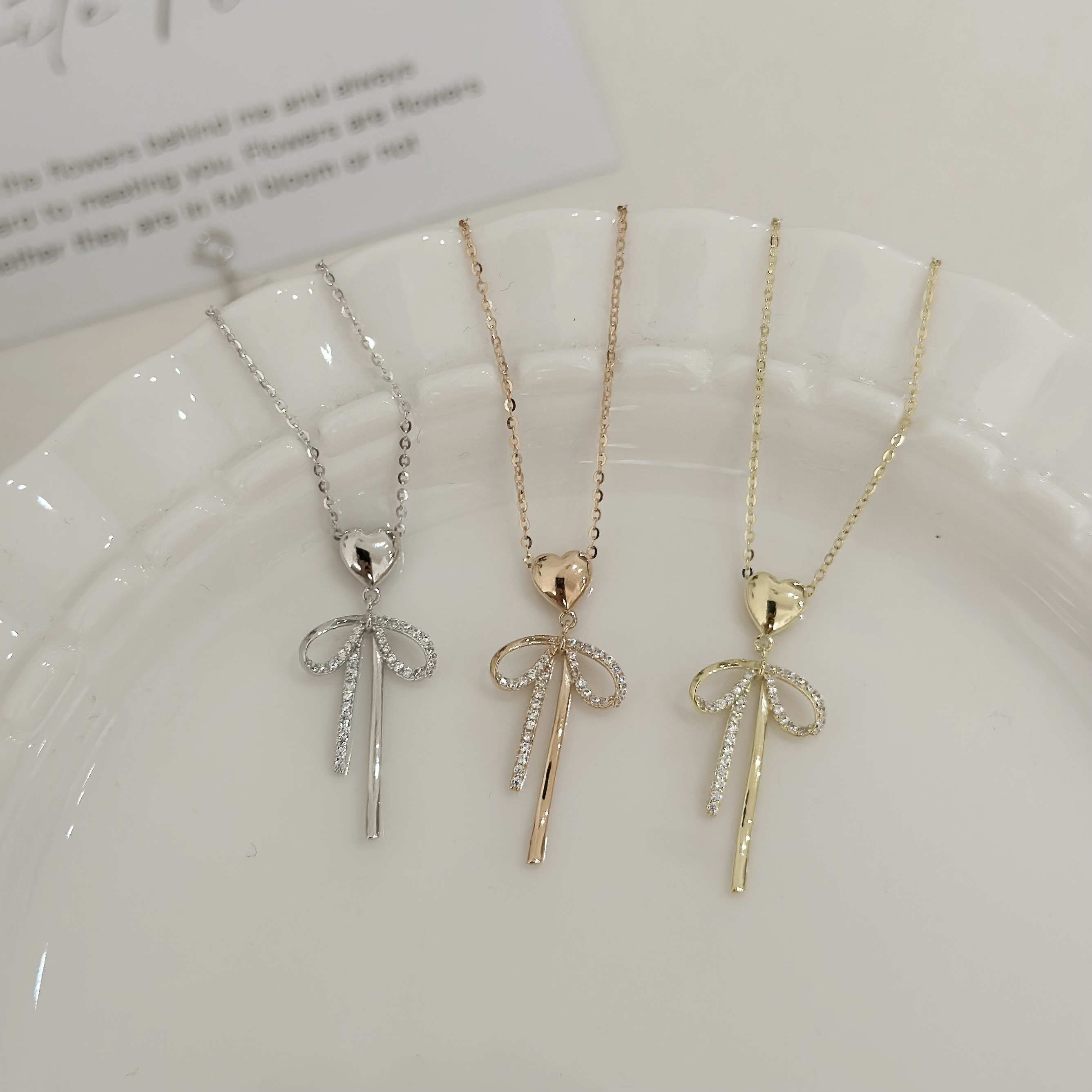 M156【輕奢】排鑽蝴蝶結愛心純銀鎖骨鏈