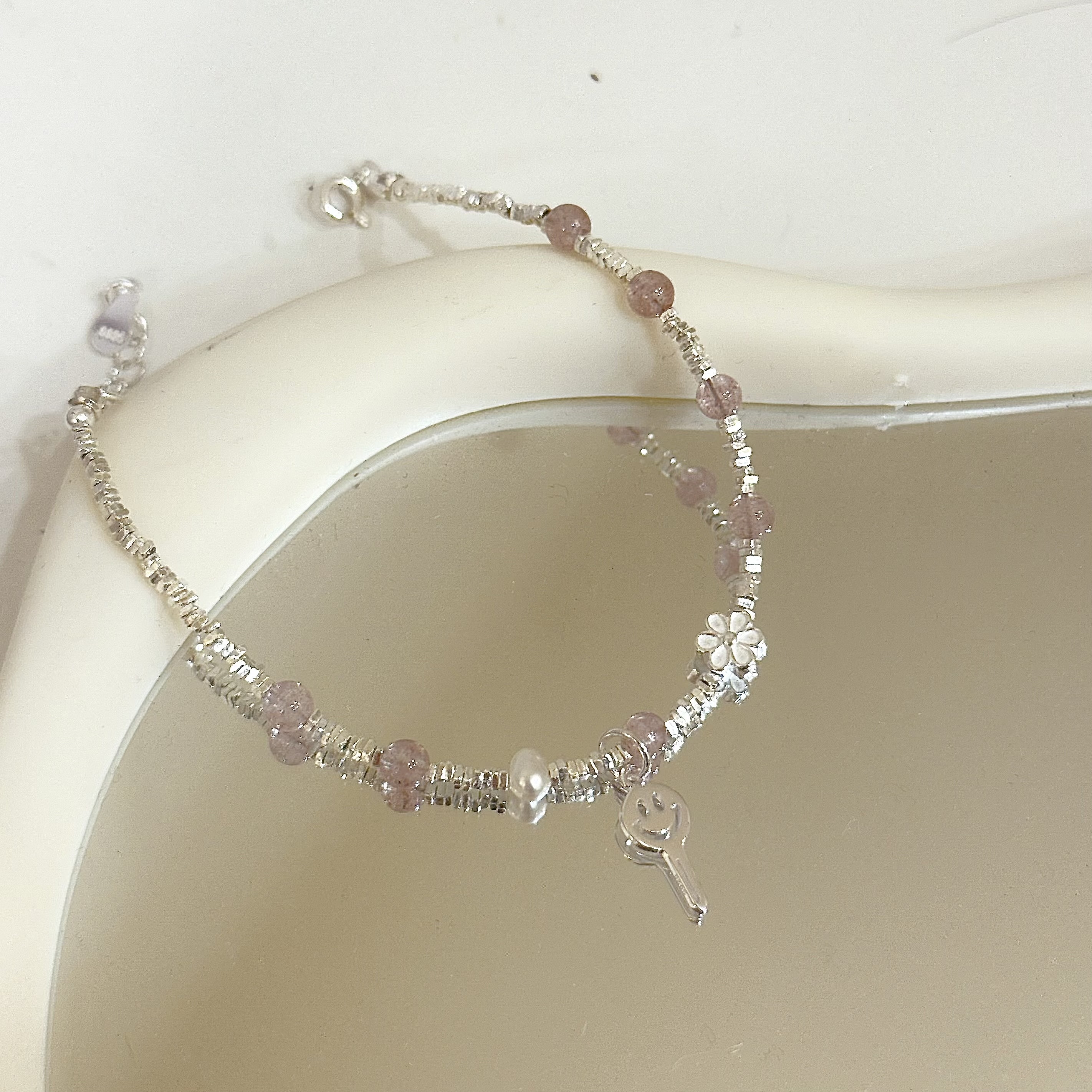 C301碎銀水晶珍珠鑰匙純銀手鍊