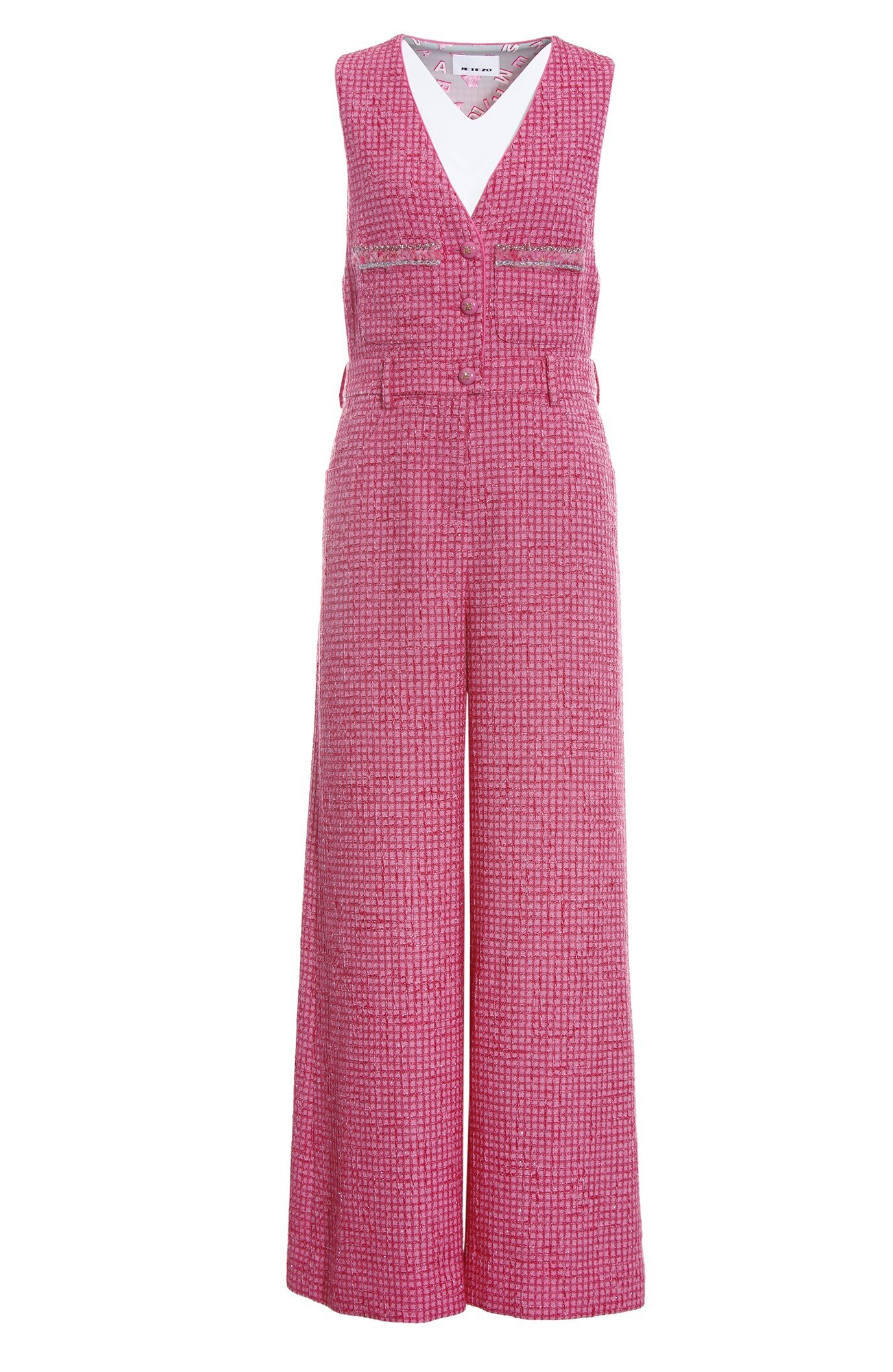 BD10001N1 新藝術花園格子小香大V領連身寬褲