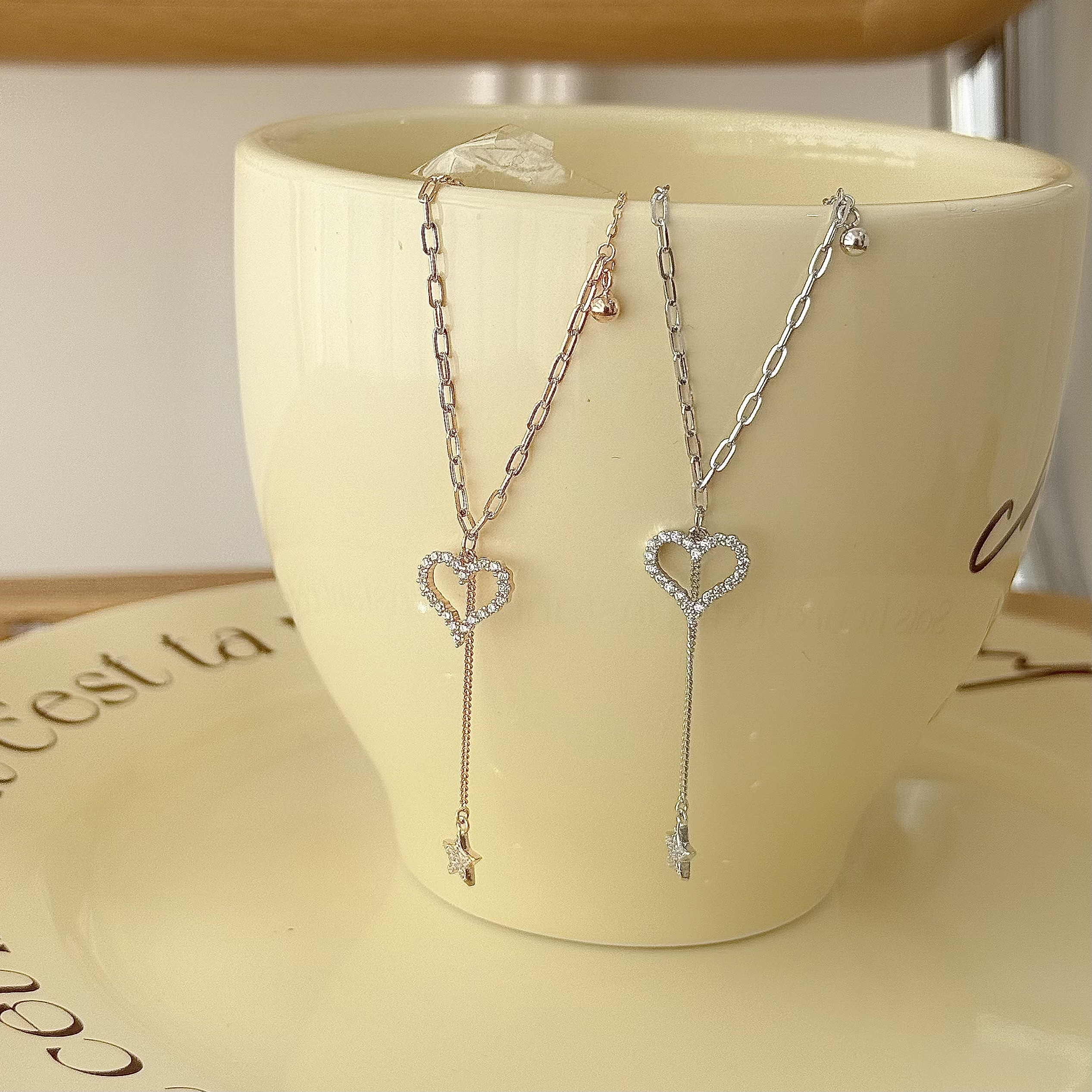 M133【輕奢】鏈條排鑽愛心純銀Y字鎖骨鏈