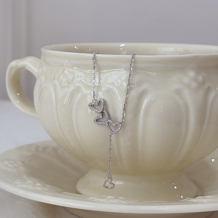 M124【輕奢】排鑽鏤空愛心純銀Y字鎖骨鏈