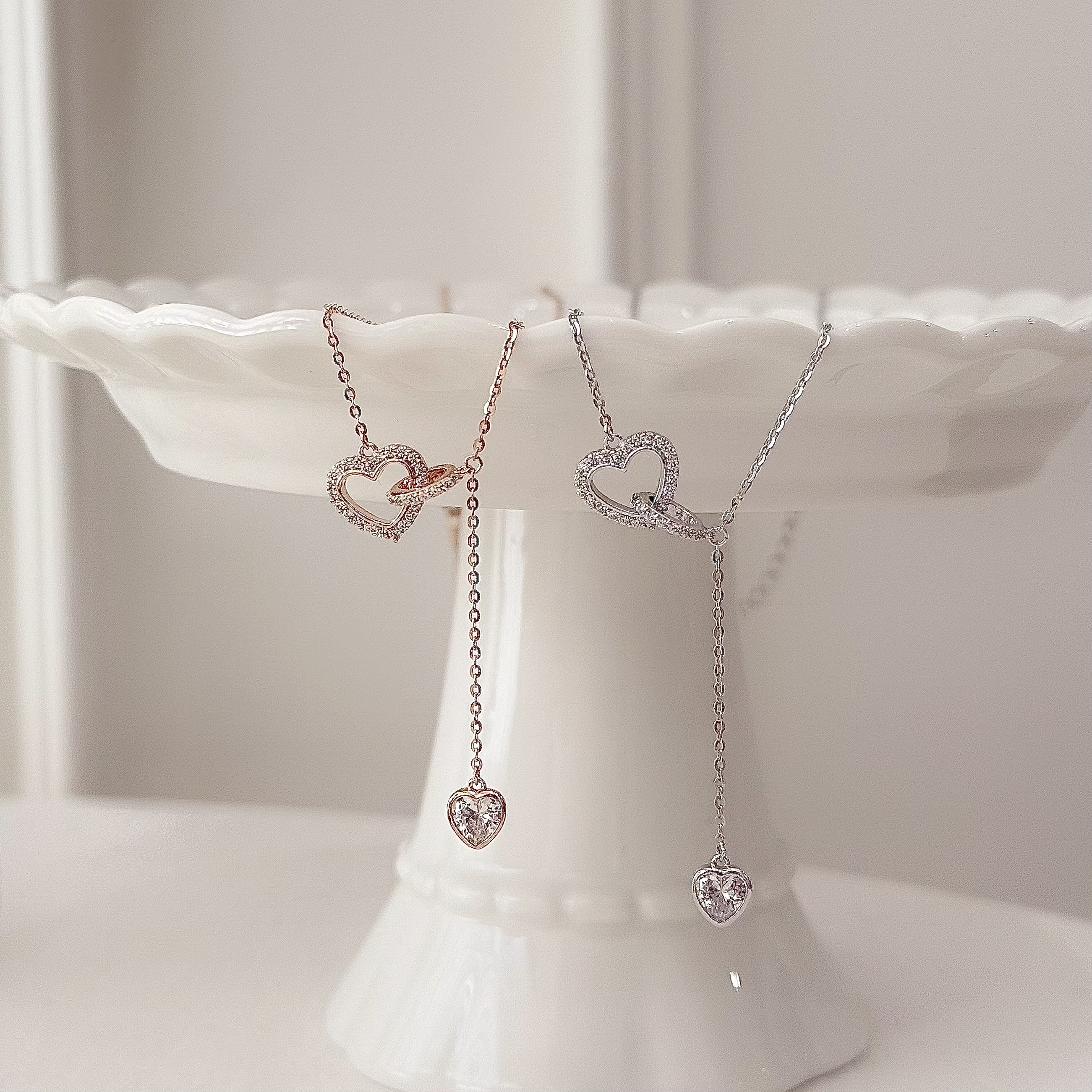 M95【輕奢】鋯石雙愛心純銀Y字鎖骨鏈