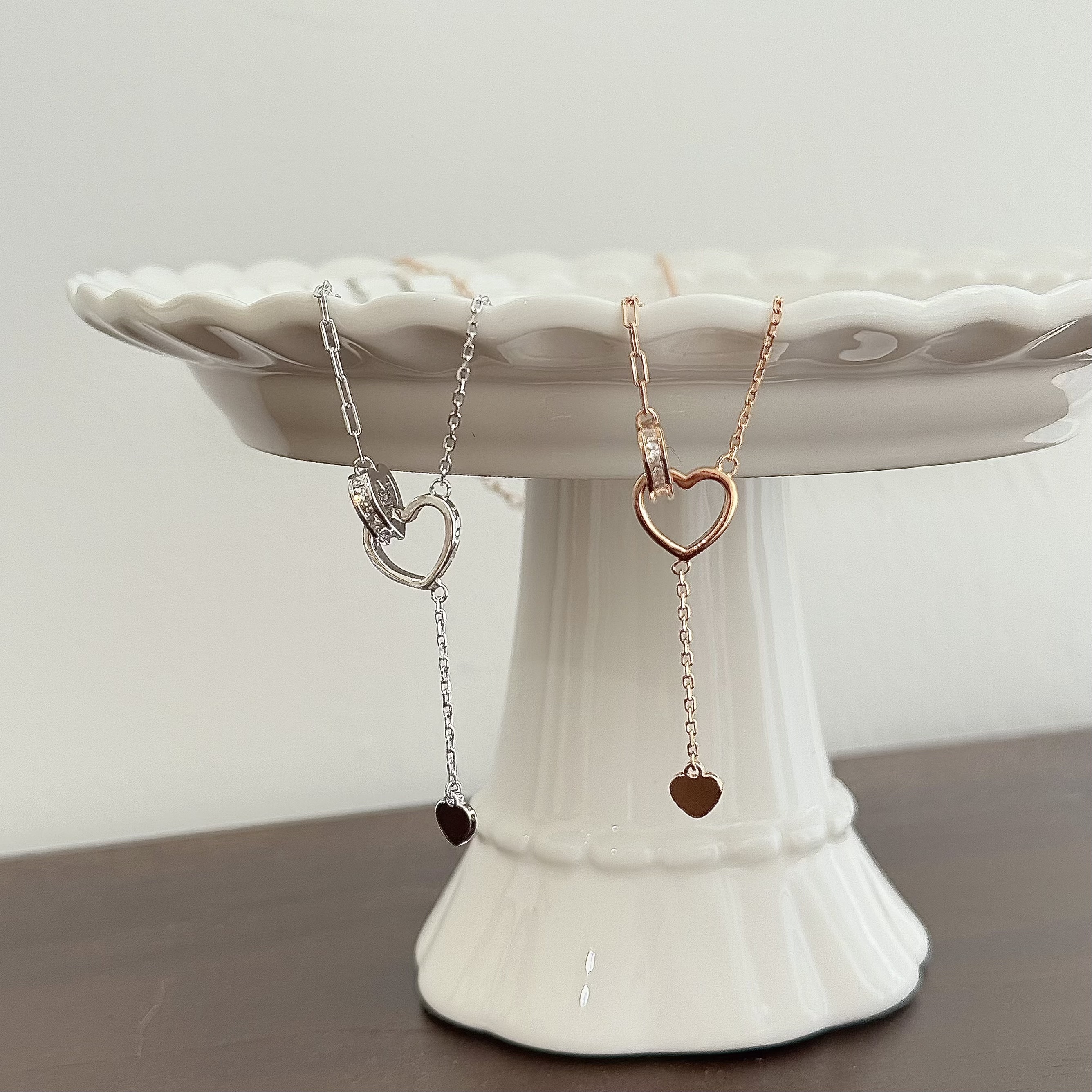 M95【輕奢】鋯石雙愛心純銀Y字鎖骨鏈