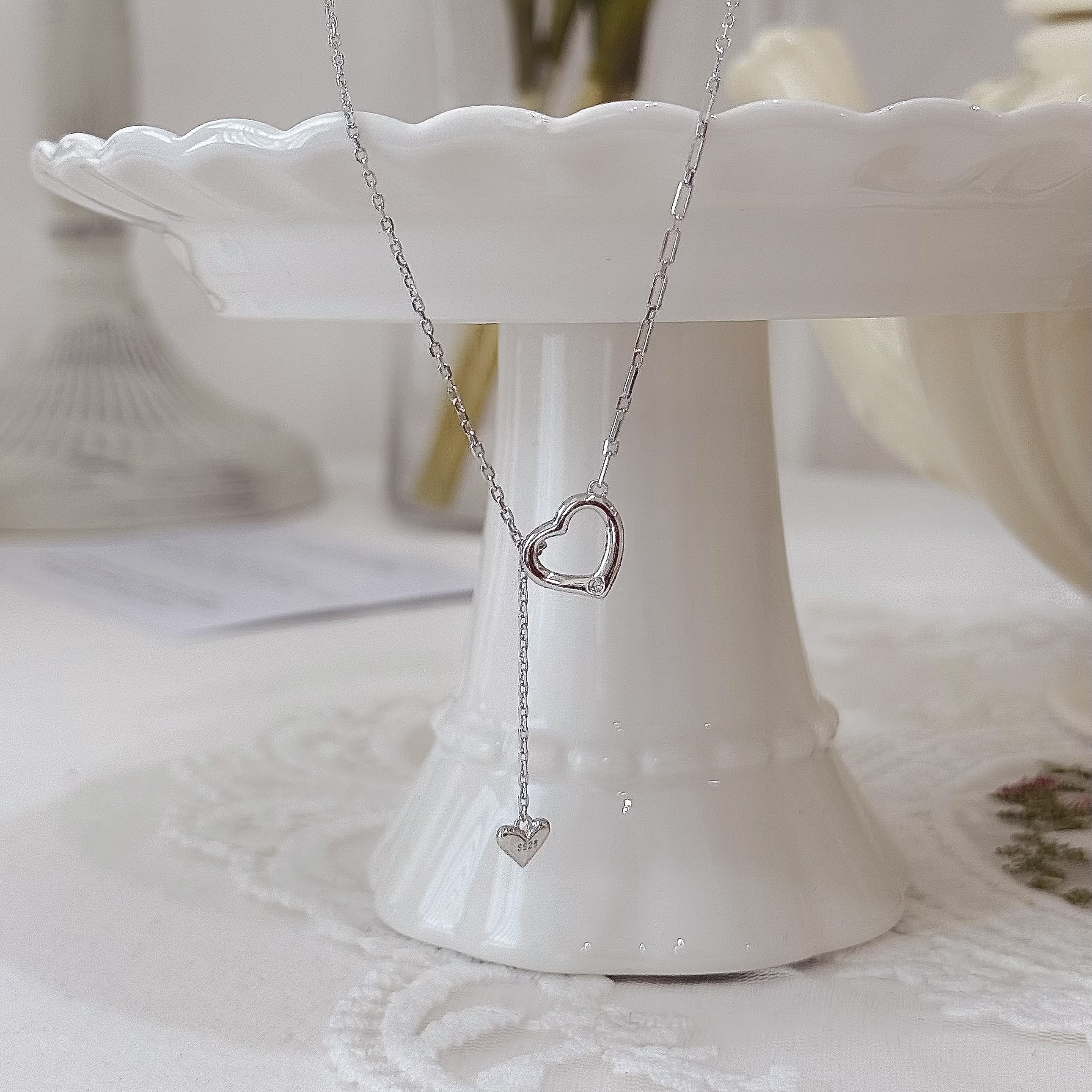 M63【輕奢】鏤空愛心純銀Y字鎖骨鏈